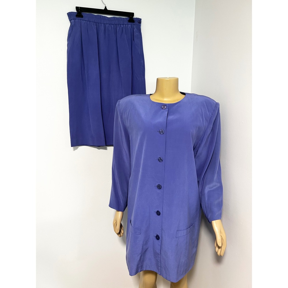 Neiman Marcus Vintage 100% Silk Skirt Suit Set PURPLE Longline Jacket Skirt 14